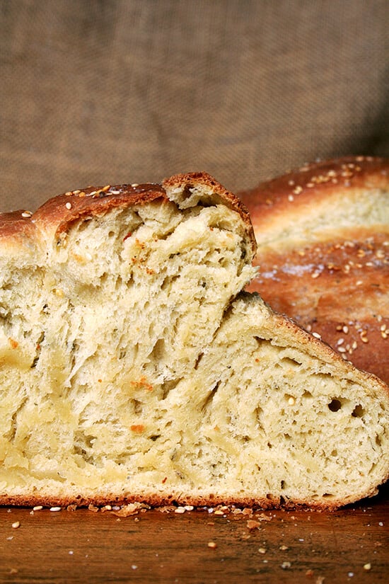 Olive oil makes this semolina bread super moist, but it's the presence of semolina flour, an ingredient I am only just discovering, that gives this bread such a unique texture and flavor. The owner of Macrina Bakery, Leslie Mackie, to whom we can thank for this creation, says it best: "Semolina flour gives the bread a hearty texture but also a kind of creamy, almost corn-like flavor." A salty, crusty exterior moreover makes the bread irresistible. // alexandracooks.com