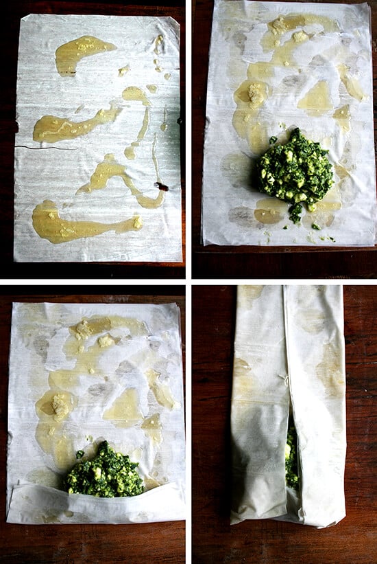 A montage of 4 photos depicting how to assemble spanakopita strudels.
