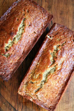 Overhead shot of two loaves of super moist banana bread.
