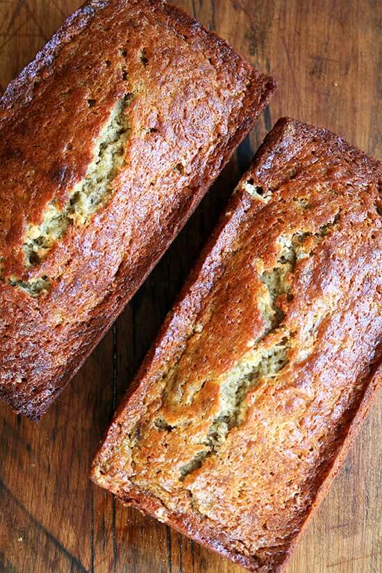 An overhead shot of banana bread freshly baked. 