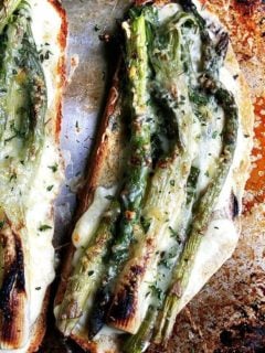 A bubbling, bechamel-and-roasted vegetable open-faced sandwich, this asparagus croque monsieur is daydream worthy. While you won't miss the meat on this spring vegetable tartine, one topped with smoked Niman Ranch ham would be heavenly. // alexandracooks.com