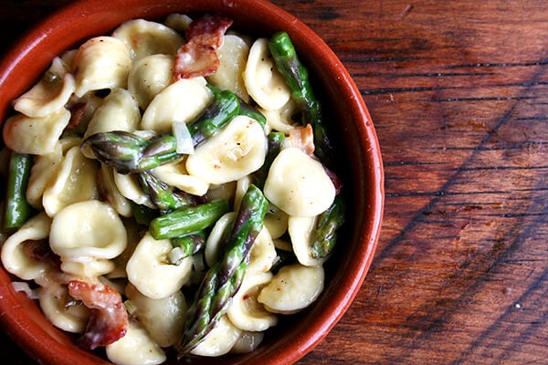 orecchiette carbonara with asparagus