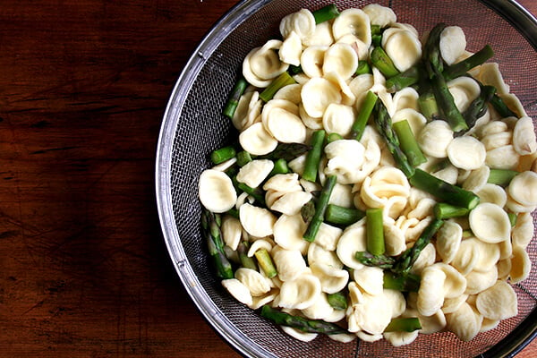 drained asparagus and orecchiette