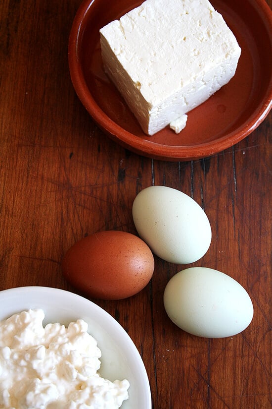 tiropitas ingredients: eggs, cottage cheese, and feta