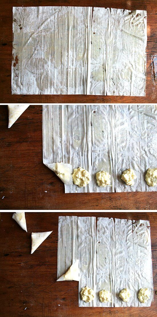 A montage of images depicting how to brush phyllo with butter, cut it into strips, fill with filling, then roll into triangles.