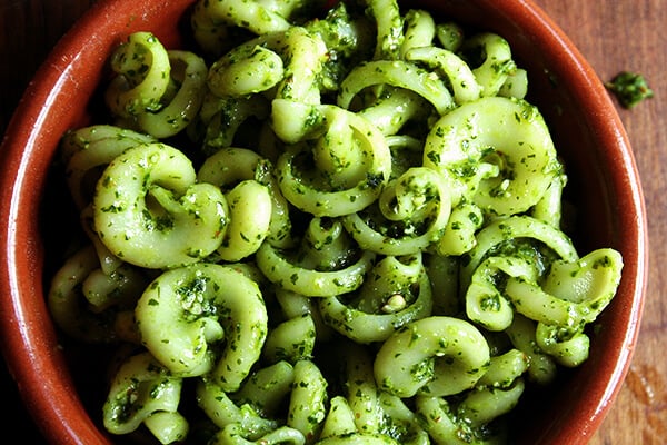 A bowl of pasta tossed with pesto sauce. 