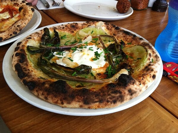 green tomato, ramp, Grana & egg pizza at 2Amys