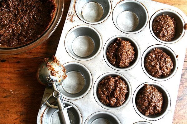 Bran muffin batter in cupcake pan.