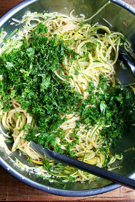 adding the parsley & basil