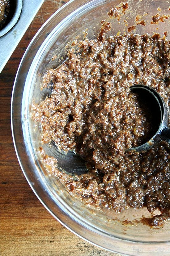 Bran muffin batter being scooped. 