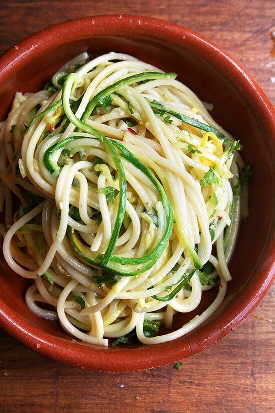 a bowl of summer squash spaghetti