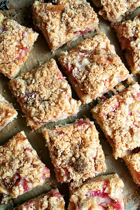 The layer of rhubarb in this rhubarb buckle is perfect — not too sweet, not too tart, which is a delicate balance to achieve with rhubarb. And the crumb top, while just a touch sandy, needs nothing more than a dab of butter to give it that crumbly, pebbly texture. The addition of lemon zest, adding a wonderful fresh, bright flavor, is essential. // alexandracooks.com