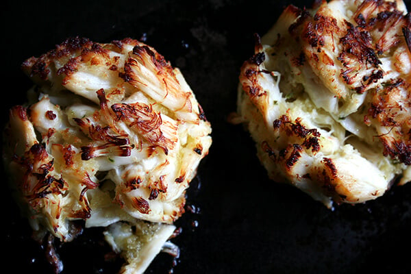 just-broiled crab cakes