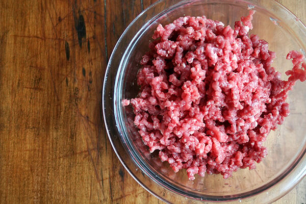 A bowl of ground lamb.