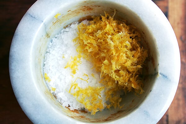 mortar & pestle with sea salt and lemon zest