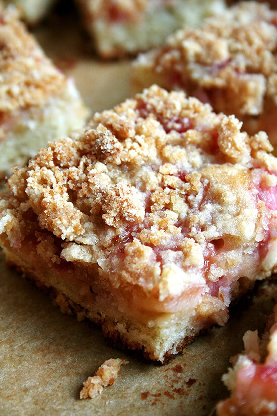 The layer of rhubarb in this rhubarb buckle is perfect — not too sweet, not too tart, which is a delicate balance to achieve with rhubarb. And the crumb top, while just a touch sandy, needs nothing more than a dab of butter to give it that crumbly, pebbly texture. The addition of lemon zest, adding a wonderful fresh, bright flavor, is essential. // alexandracooks.com