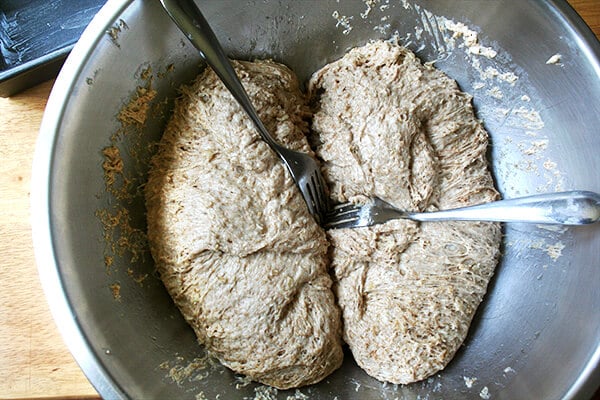 splitting the dough into loaves
