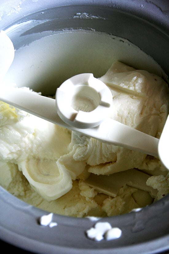 The Kitchen Aid Ice cream attachment filled with frozen yogurt freshly churned. 