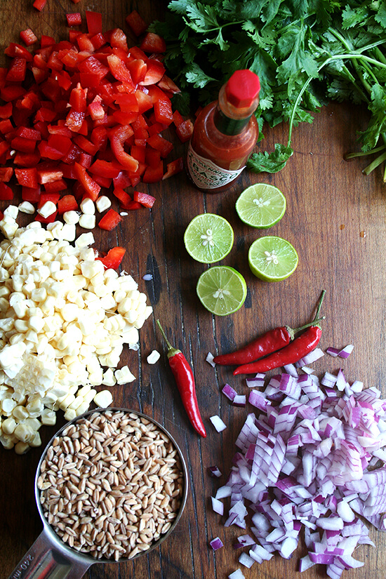 ingredients for summer farro salad