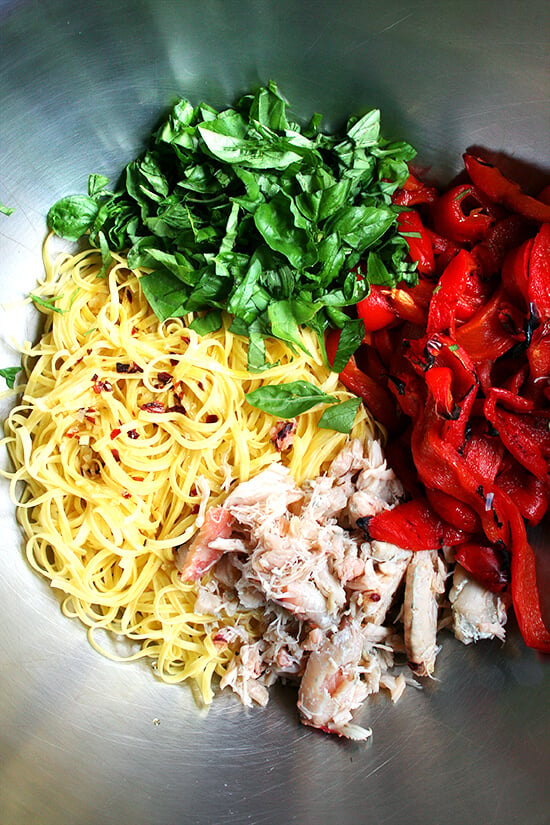 linguini, basil, crab and roasted red peppers