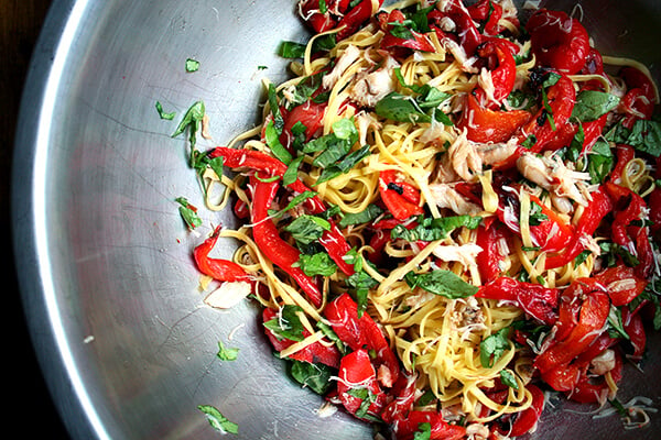 linguini, basil, crab and roasted red peppers all tossed together