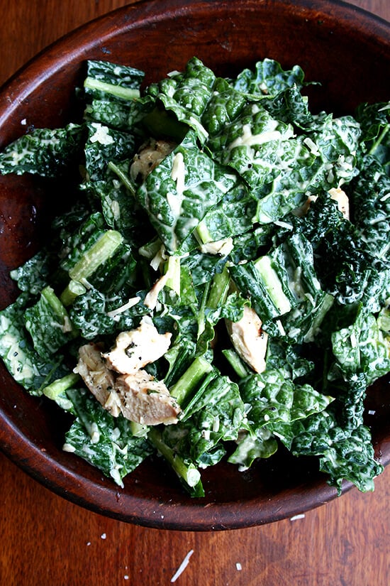 kale caesar salad with grilled chicken