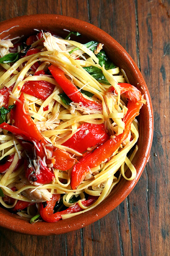 The addition of a can of crabmeat to this favorite summer linguine dish not only made it a touch tastier but also a smidgen more complete, especially for those who don't consider a sprinkling of cheese a suitable protein. // alexandracooks.com