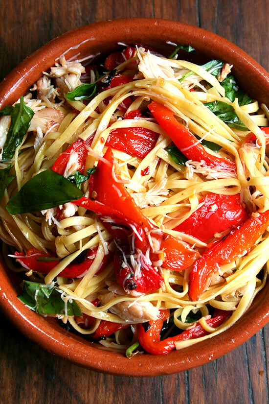 The addition of a can of crabmeat to this favorite summer linguine dish not only made it a touch tastier but also a smidgen more complete, especially for those who don't consider a sprinkling of cheese a suitable protein. // alexandracooks.com