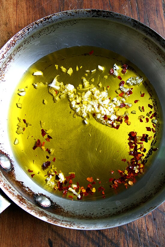 olive oil with garlic and red pepper flakes