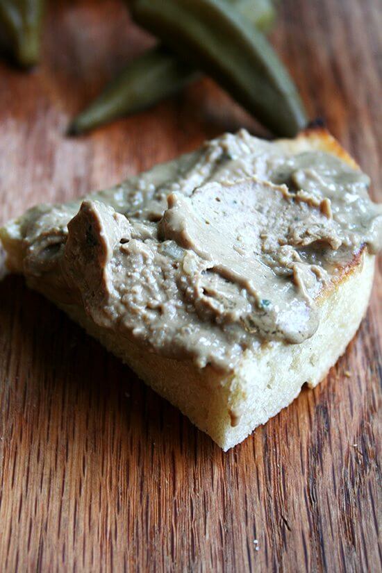 The pickled okra and pâté served at Bistro Bethem had us taken. Okra pickles beautifully and complements pâté wonderfully. This pâté, a recipe from Tartine Bread, is simple to prepare and is incredibly delicious, especially for the effort. The layer of cognac butter that gilds the top certainly doesn't hurt. // alexandracooks.com