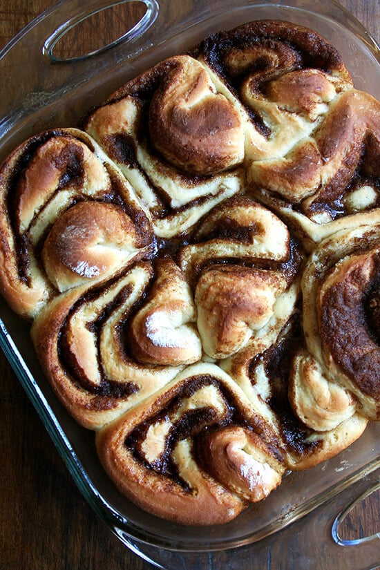 A pan of cinnamon rolls, just baked.