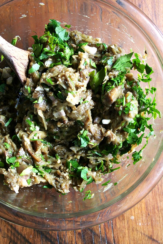 In this eggplant caviar, eggplant is roasted (as opposed to fried), which requires minimal oil, allowing the eggplant's sweet flavor to really shine. And after a gentle mashing with a fork, the eggplant's flesh becomes creamy, a perfect consistency to whip into a spread to spoon over grilled bread. // alexandracooks.com