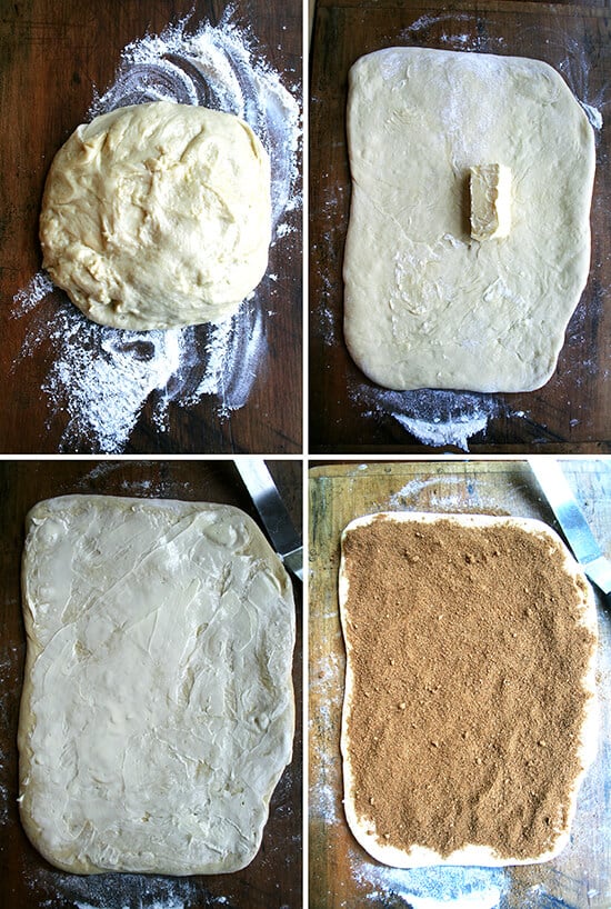 Montage depicting how to roll out the dough, spread with butter, sprinkle with cinnamon and sugar for cinnamon rolls. 