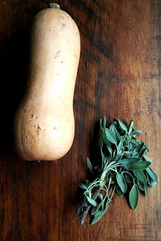 A butternut squash and bundle of sage on a cutting board.