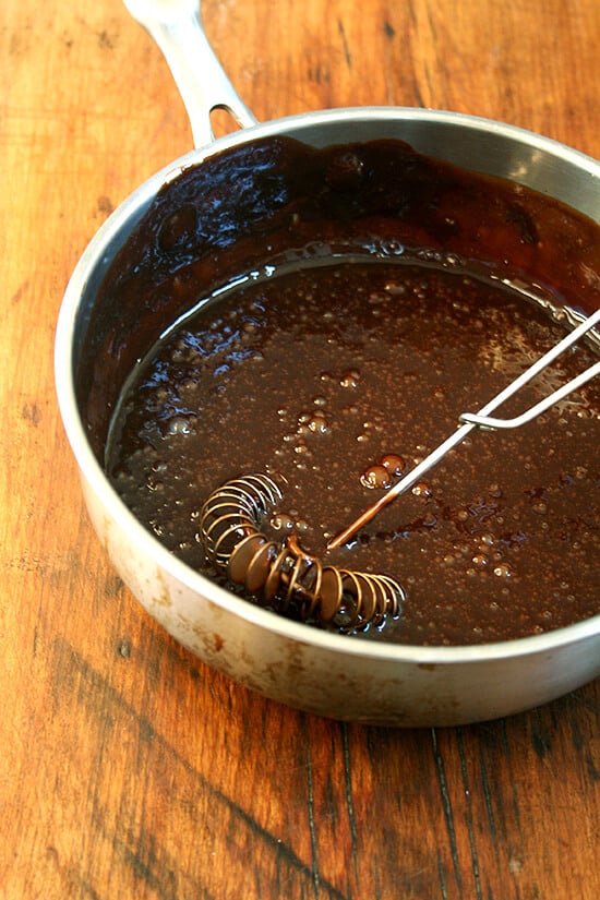 A saucepan with the black velvet icing. 