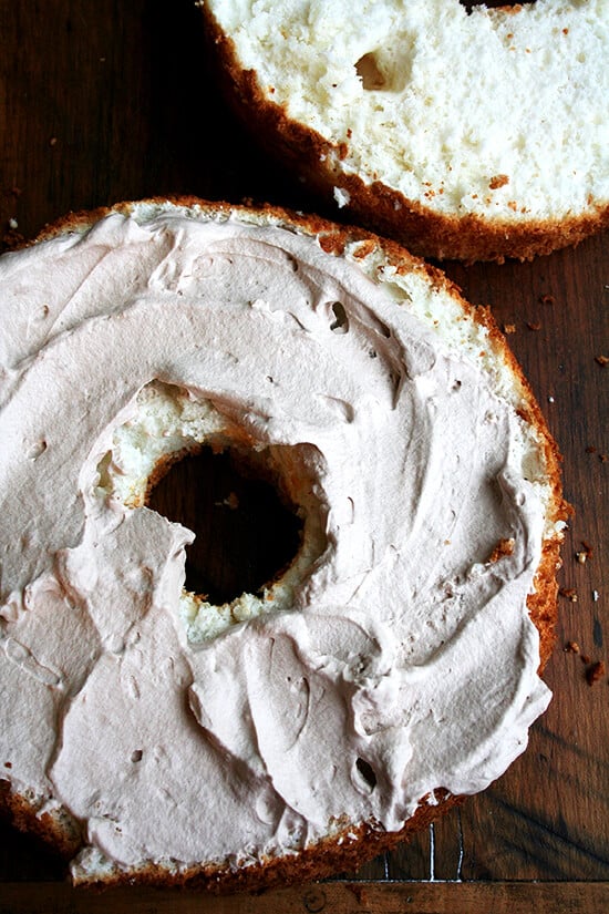 frosted, halved angel food cake