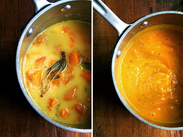 Two images: a saucepan with the butternut squash pasta sauce, unpuréed and puréed.