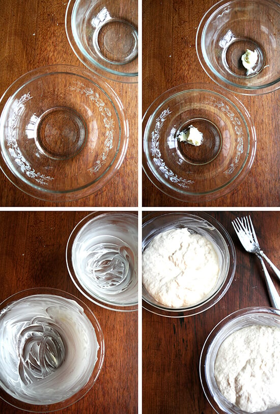 Four blocks showing glass bread bowls empty, with butter, and with dough