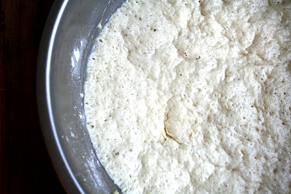 Overhead view of dough, risen