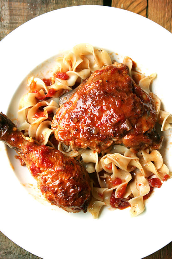 Chicken au vinaigre, a classic French preparation of braised chicken, is all about the sauce, a rich concentration of shallots, crushed tomatoes, mustard and reduced sherry and sherry vinegar. I love serving this with egg noodles, which soak up the delicious sauce so nicely, but a natural (perhaps even more delicious) alternative to the noodles is a hunk of bread. That time of year has certainly arrived, when cleaning dinner plates with crusty bread is more than acceptable. // alexandracooks.com