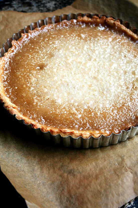 Just-baked maple cream tart on a sheet pan. 