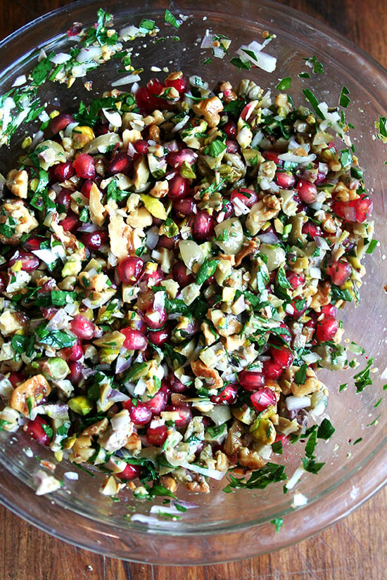 This pomegranate salad recipe comes from the book Turquoise by Greg and Lucy Malouf, which my aunt introduced to the family last winter when she served this stunning salad at a dinner party. The myriad textures and sweet-salty-hot dressing make this salad irresistible. // alexandracooks.com