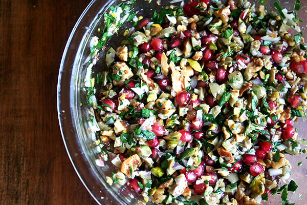 green olive, walnut and pomegranate salad