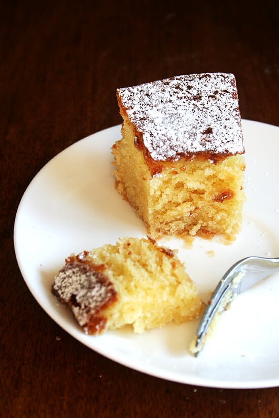 A slice of Chez Panisse almond torte on a plate. 