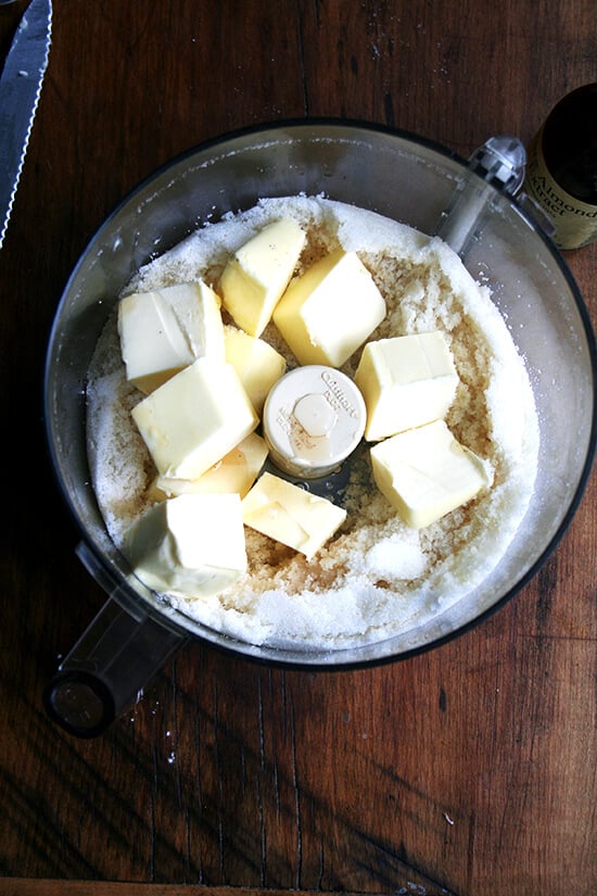 Butter added to cuisinart filled with sugar and almond paste. 