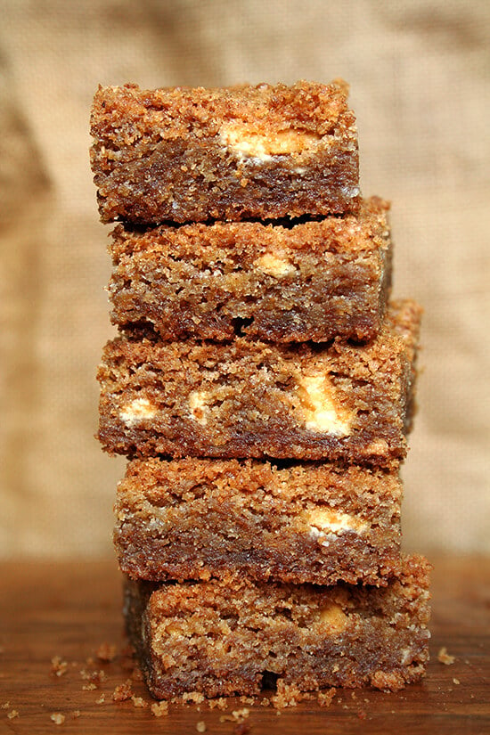 A stack of brown butter blondies.