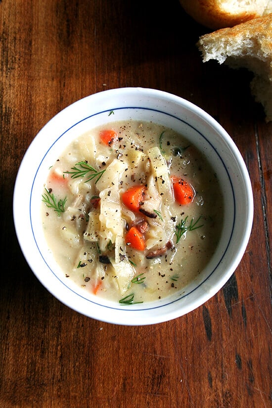 Loaded with vegetables — carrots, potatoes, onions and cabbage — a little bacon and a touch of cream, this cabbage soup is definitely hearty, best served on a cold winter day with crusty bread and nothing more. For me, it's the dill and caraway seeds that make it unlike any other I have tasted, the caraway seeds in particular imparting a lovely yet subtle flavor. // alexandracooks.com