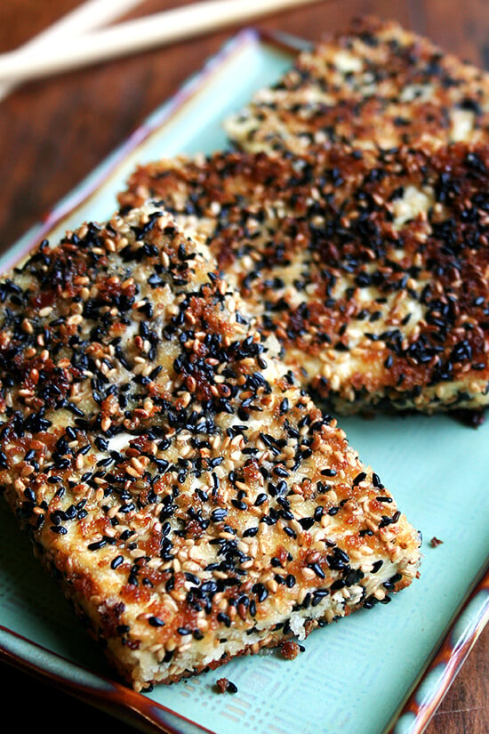 sesame-crusted tofu on a platter