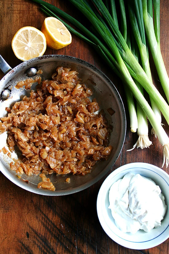 Sour cream and onion ingredients: caramelized onions, sour cream, scallions, and lemons. 