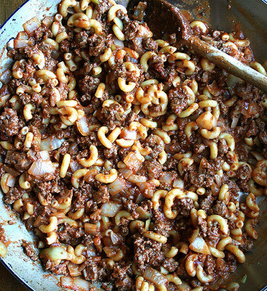 a skillet of homemade hamburger helper.